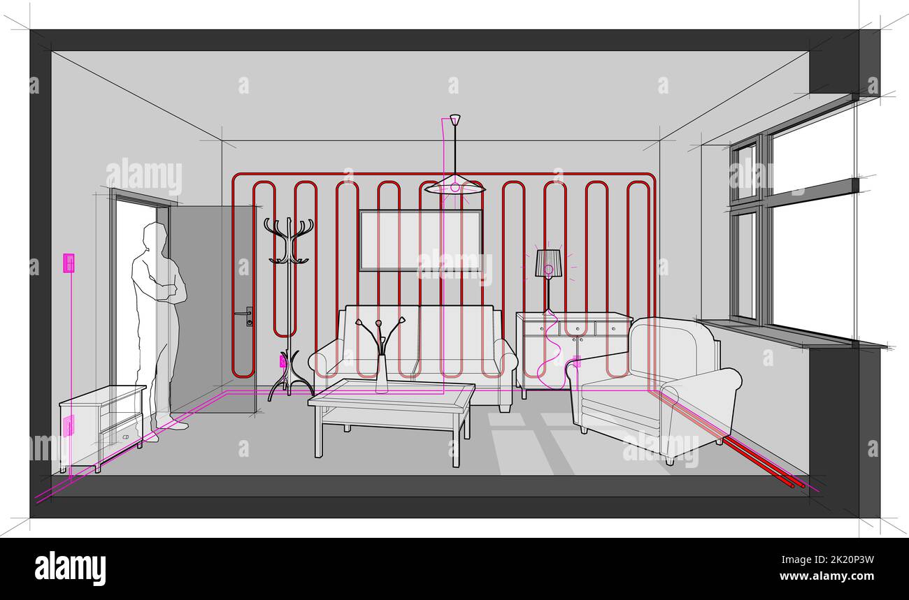 Schéma d'une chambre simple meublée avec canapé, chaise, table, armoires, plafonnier, cintres et peinture sur le mur chauffé avec chauffage mural Banque D'Images