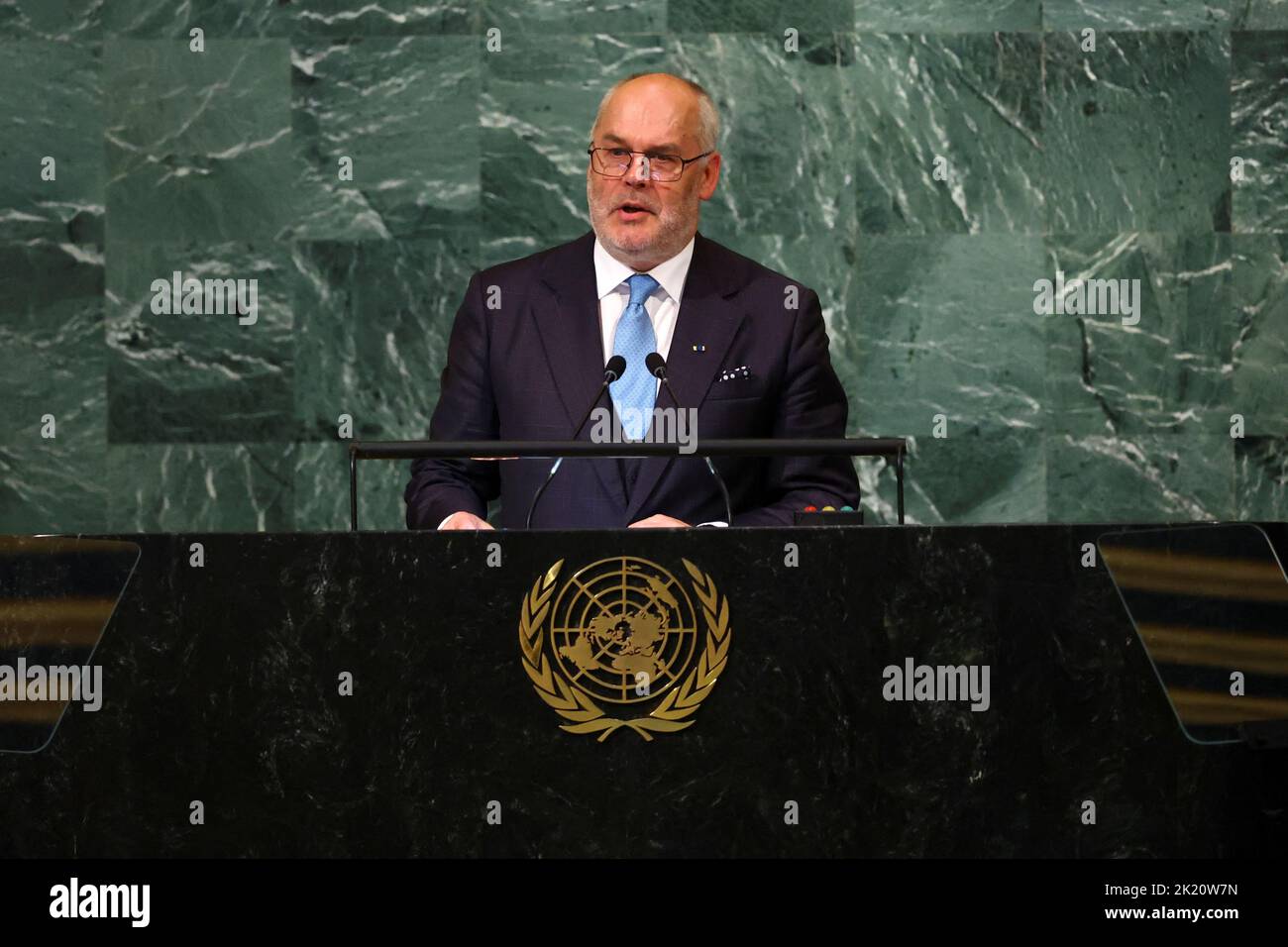 Le Président de l'Estonie, M. Alar Kais, s'adresse à la session de 77th de l'Assemblée générale des Nations Unies au siège de l'ONU à New York, aux États-Unis, au 21 septembre 2022. REUTERS/Mike Segar Banque D'Images
