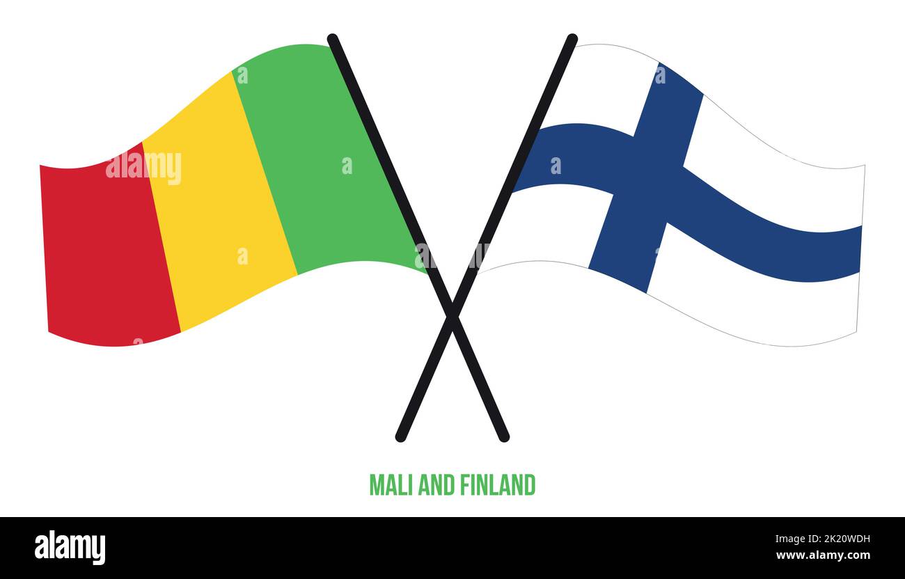 Mali et Finlande drapeaux croisés et ondulant le style plat. Proportion officielle. Corriger les couleurs. Illustration de Vecteur