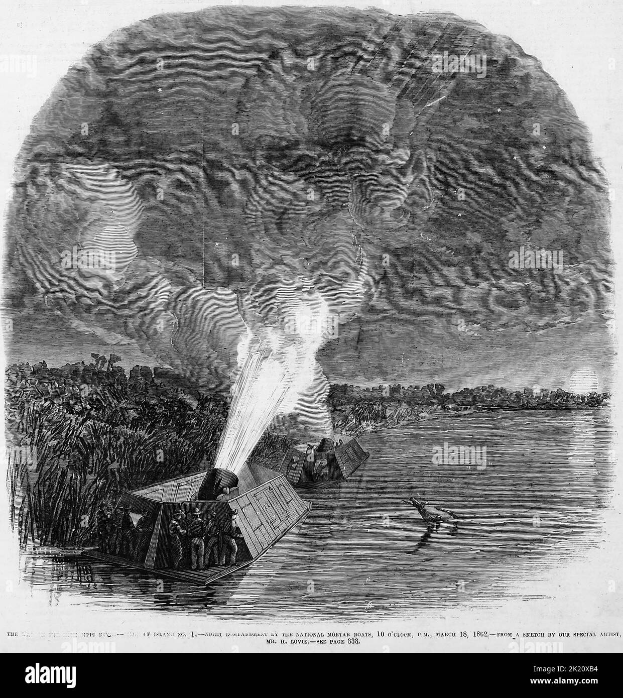 La guerre sur le fleuve Mississippi - vue de l'île No 10 - bombardement de nuit par les bateaux à mortier nationaux, 10 heures P. M., 18 mars 1862. Bataille de l'île numéro dix. Illustration de la guerre de Sécession américaine du 19th siècle tirée du journal illustré de Frank Leslie Banque D'Images