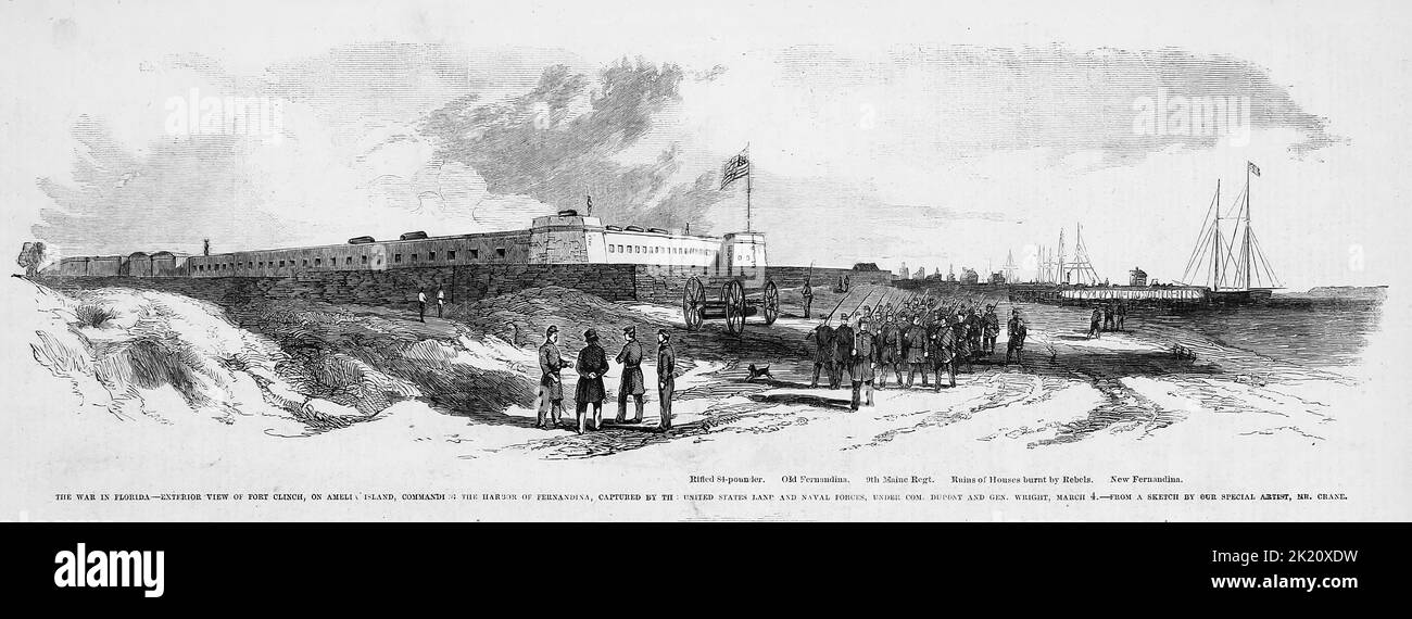 La guerre en Floride - vue extérieure du fort Clinch, sur l'île Amelia, commandant le port de Fernandina, capturé par les forces terrestres et navales des États-Unis, sous la direction du commandant Samuel Francis du Pont et du général Horatio Gouverneur Wright, 4 mars 1862. Illustration de la guerre de Sécession américaine du 19th siècle tirée du journal illustré de Frank Leslie Banque D'Images