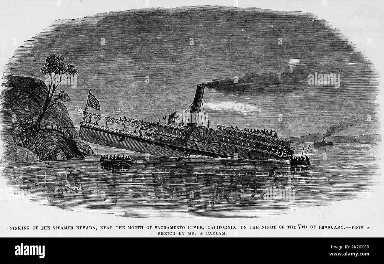 Naufrage du bateau à vapeur Nevada, près de l'embouchure de la rivière Sacramento, Californie, dans la nuit de 7 février 1862. Illustration de la guerre de Sécession américaine du 19th siècle tirée du journal illustré de Frank Leslie Banque D'Images