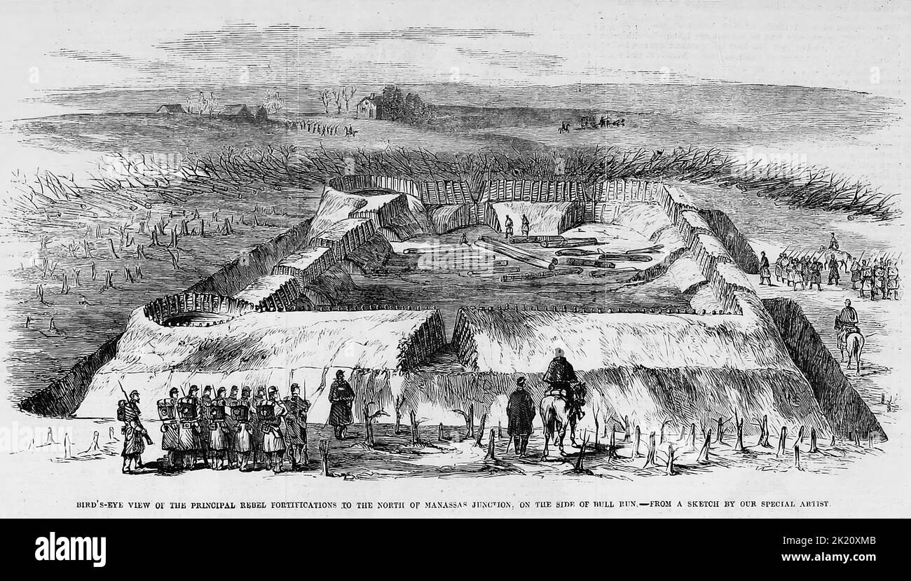 Vue panoramique des principales fortifications de Rebel au nord de Manassas Junction, Virginie, sur le côté de Bull Run. Avril 1862. Illustration de la guerre de Sécession américaine du 19th siècle tirée du journal illustré de Frank Leslie Banque D'Images
