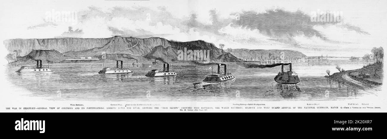 La guerre au Kentucky - vue générale de Colombus et de ses fortifications, en regardant le fleuve, montrant les 'falaises de fer,' couronné de batteries, les batteries d'eau, Belmont et l'île Wolf - arrivée des canots nationaux, 4 mars 1862. Illustration de la guerre de Sécession américaine du 19th siècle tirée du journal illustré de Frank Leslie Banque D'Images