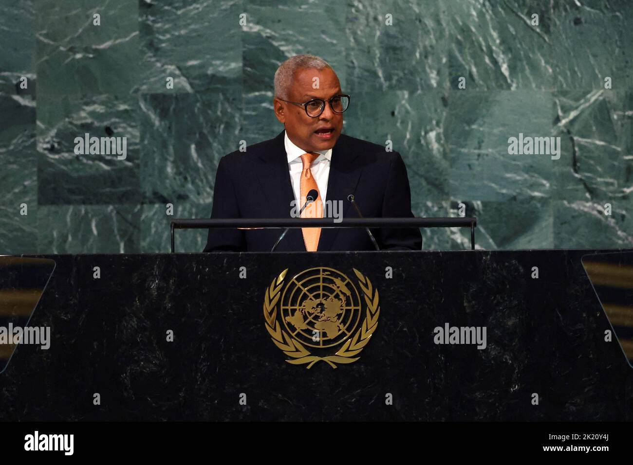 Le Président de Cabo Verde José Maria Pereira Neves s'adresse à la session de 77th de l'Assemblée générale des Nations Unies au siège de l'ONU à New York, aux États-Unis, au 21 septembre 2022. REUTERS/Mike Segar Banque D'Images