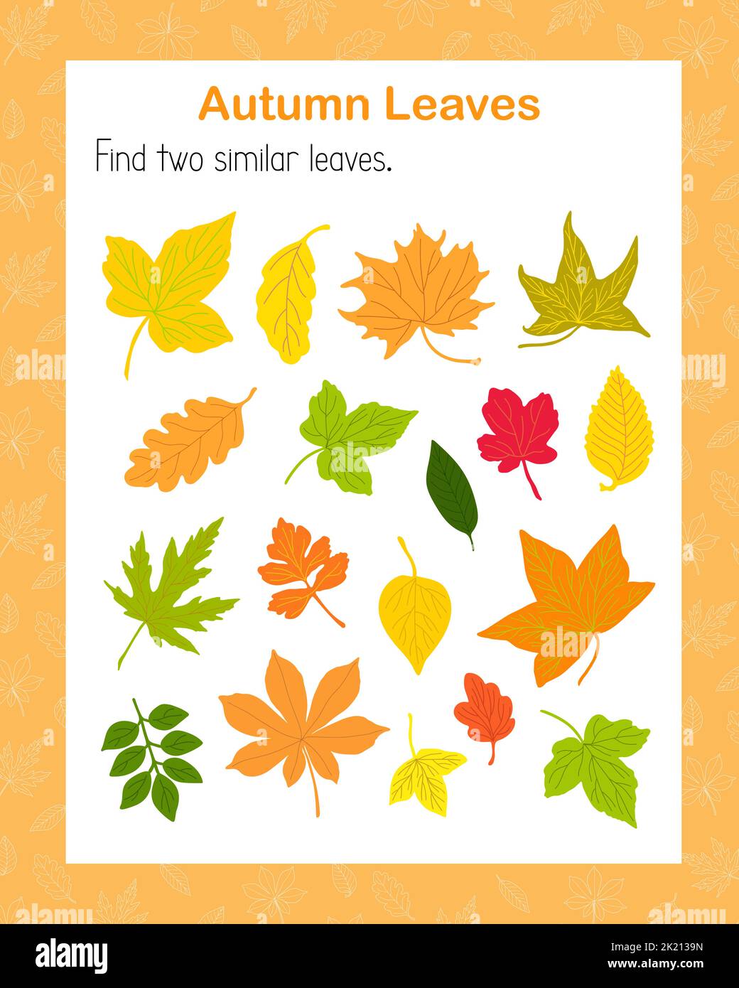 Trouvez deux feuilles d'arbre similaires activités éducatives pour les enfants, automne jeu de puzzle d'automne, feuille de travail d'illustration de vecteur simple pour le plaisir et les loisirs Illustration de Vecteur