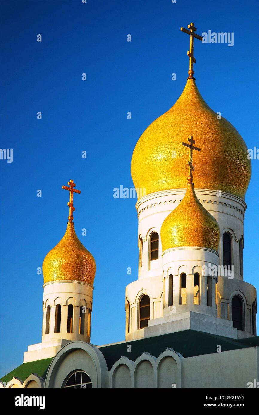 Des dômes d'oignon jaune s'assoient au sommet de la cathédrale Sainte-Vierge, une église orthodoxe russe de San Francisco Banque D'Images