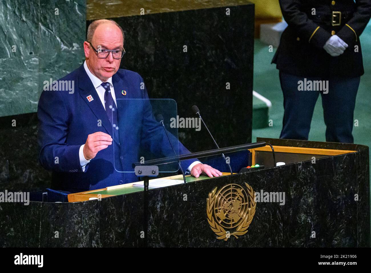 New York, États-Unis. 21st septembre 2022. Le Prince Albert II de Monaco s'adresse au débat général de l'Assemblée générale des Nations Unies de 77th. Credit: Enrique Shore/Alay Live News Banque D'Images