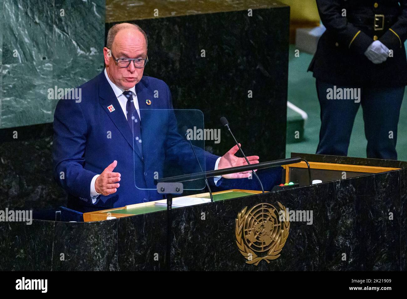 New York, États-Unis. 21st septembre 2022. Le Prince Albert II de Monaco s'adresse au débat général de l'Assemblée générale des Nations Unies de 77th. Credit: Enrique Shore/Alay Live News Banque D'Images