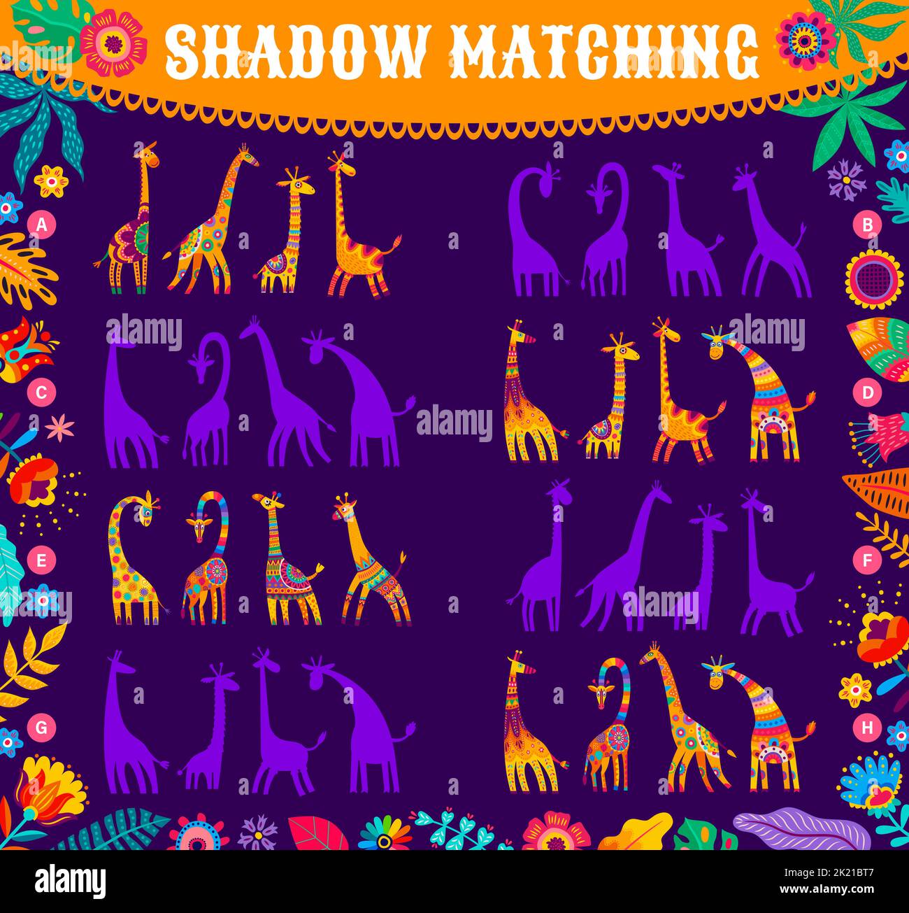 Jeu de quiz de l'ombre assortie avec des girafes africains. Silhouette  trouver des enfants puzzle, recherche de similarité enfant jouant activité  ou jeu de feuille de calcul de vecteur avec animaux drôles,