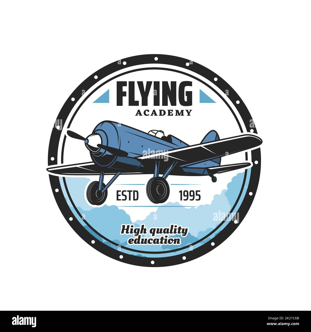 Icône de l'académie de vol, l'équipage des pilotes d'avion et le symbole de vecteur scolaire des aviateurs. Programme d'éducation à l'aviation pour l'équipe de pilotes, icône de l'aviation avec avion rétro de propulsion et nuages dans le ciel Illustration de Vecteur