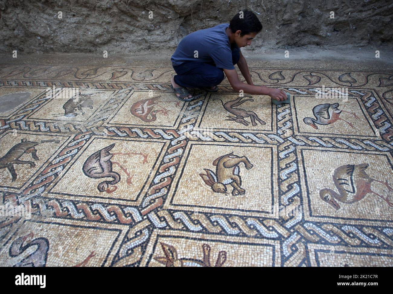 Camp Al Bureij, Gaza. 21st septembre 2022. Ahmad al-Nabahin nettoie un sol en mosaïque qu'il a découvert dans sa ferme et qui remonte à l'ère byzantine, selon les responsables, dans le camp d'Al-Bureij, dans le centre de la bande de Gaza, mercredi 21 septembre 2022. Le ministère palestinien du Tourisme et des Antiquités a annoncé la découverte de la mosaïque, qui sera protégée et un projet d'excavation commencera à Dès que possible. Photo par Ismael Mohamad/UPI crédit: UPI/Alay Live News Banque D'Images