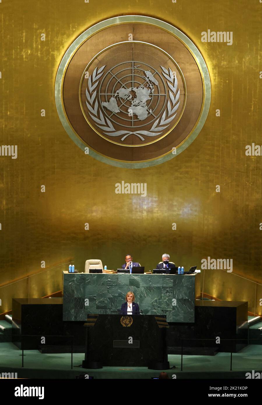 Le Premier ministre britannique Liz Truss s'adresse à la session de 77th de l'Assemblée générale des Nations Unies au Siège de l'ONU à New York, aux États-Unis, au 21 septembre 2022. REUTERS/Mike Segar Banque D'Images