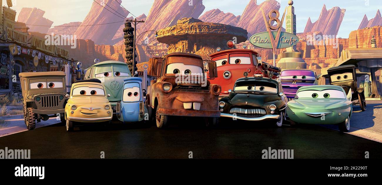 SARGE,LUIGI,FILLMORE,GUIDO,MATER,RED,SHERRIF,RAMONE,FLO, CARS, 2006 Banque D'Images