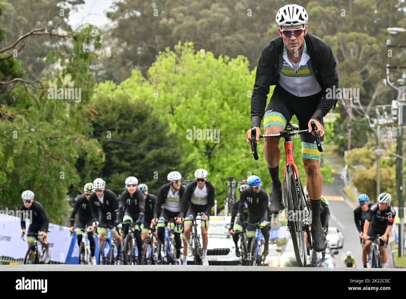 L'australien Heinrich Haussler de Bahreïn vainqueur lors d'une séance d'entraînement en prévision des prochains championnats du monde de route de l'UCI, à Wollongong, en Australie, le jeudi 22 septembre 2022. Les mondes se déroulent du 18 au 25 septembre. BELGA PHOTO DIRK WAEM Banque D'Images