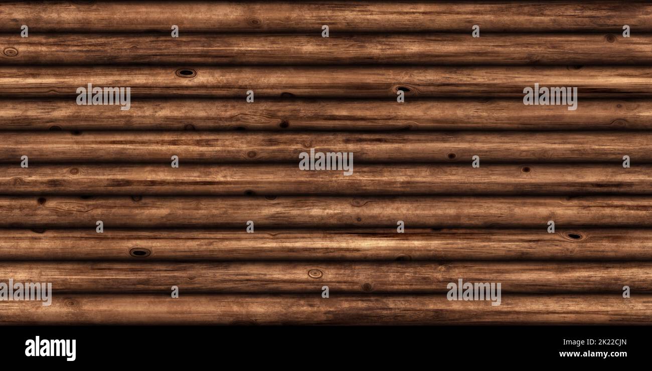 Seamless natural wood log cabin wall background texture. Rustic old grunge brown redwood timber logs tileable repeat surface pattern. A high resolutio Banque D'Images