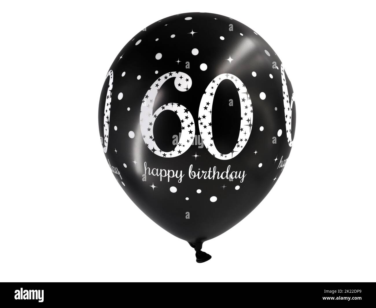 ballon d'anniversaire noir de soixante ans avec texte imprimé joyeux anniversaire sur fond blanc Banque D'Images