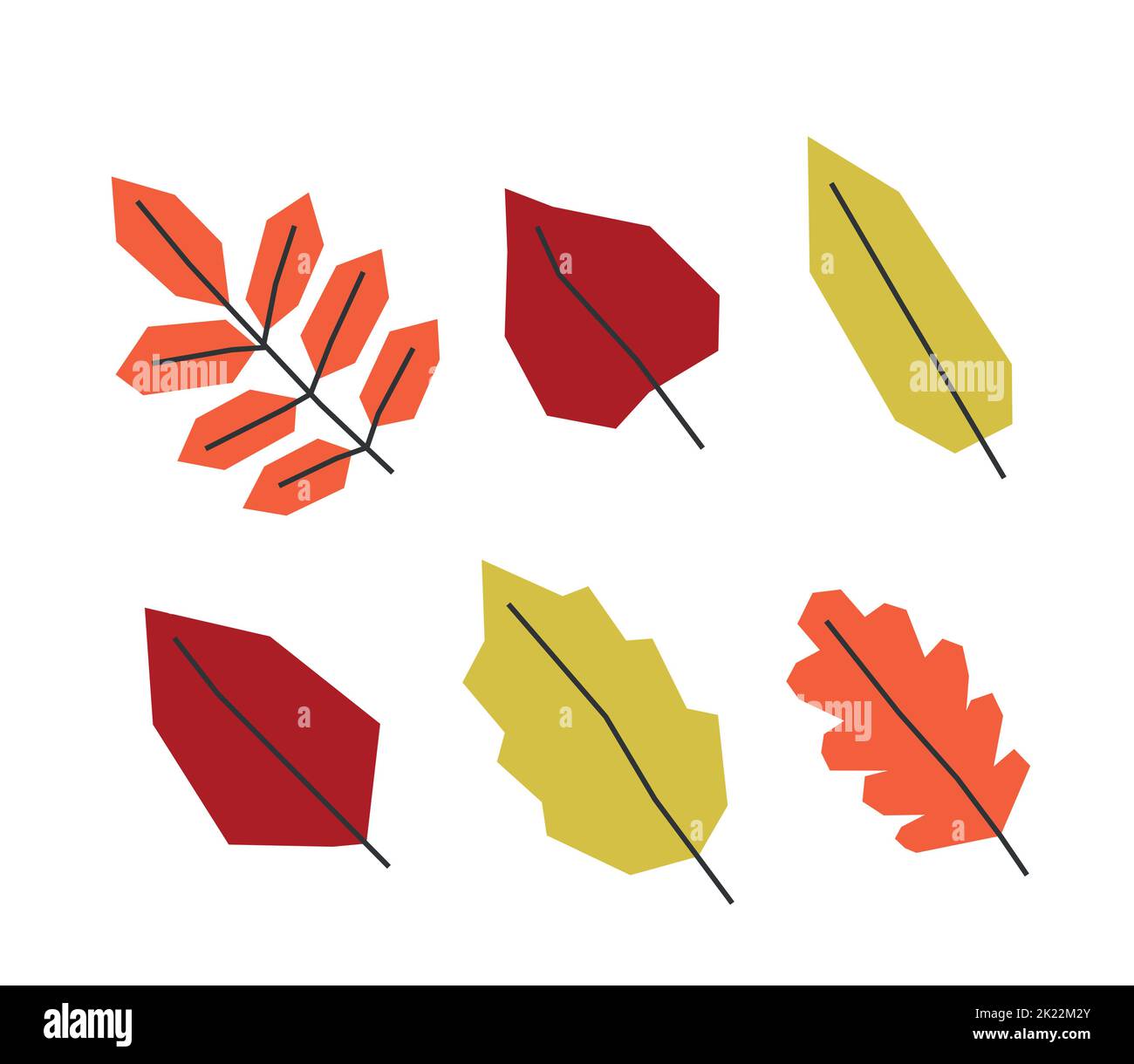 Jeu d'illustrations vectorielles isolées avec éléments botaniques plats. Symboles géométriques de la nature d'automne - branches de feuilles. Décoration rouge, orange et jaune Illustration de Vecteur