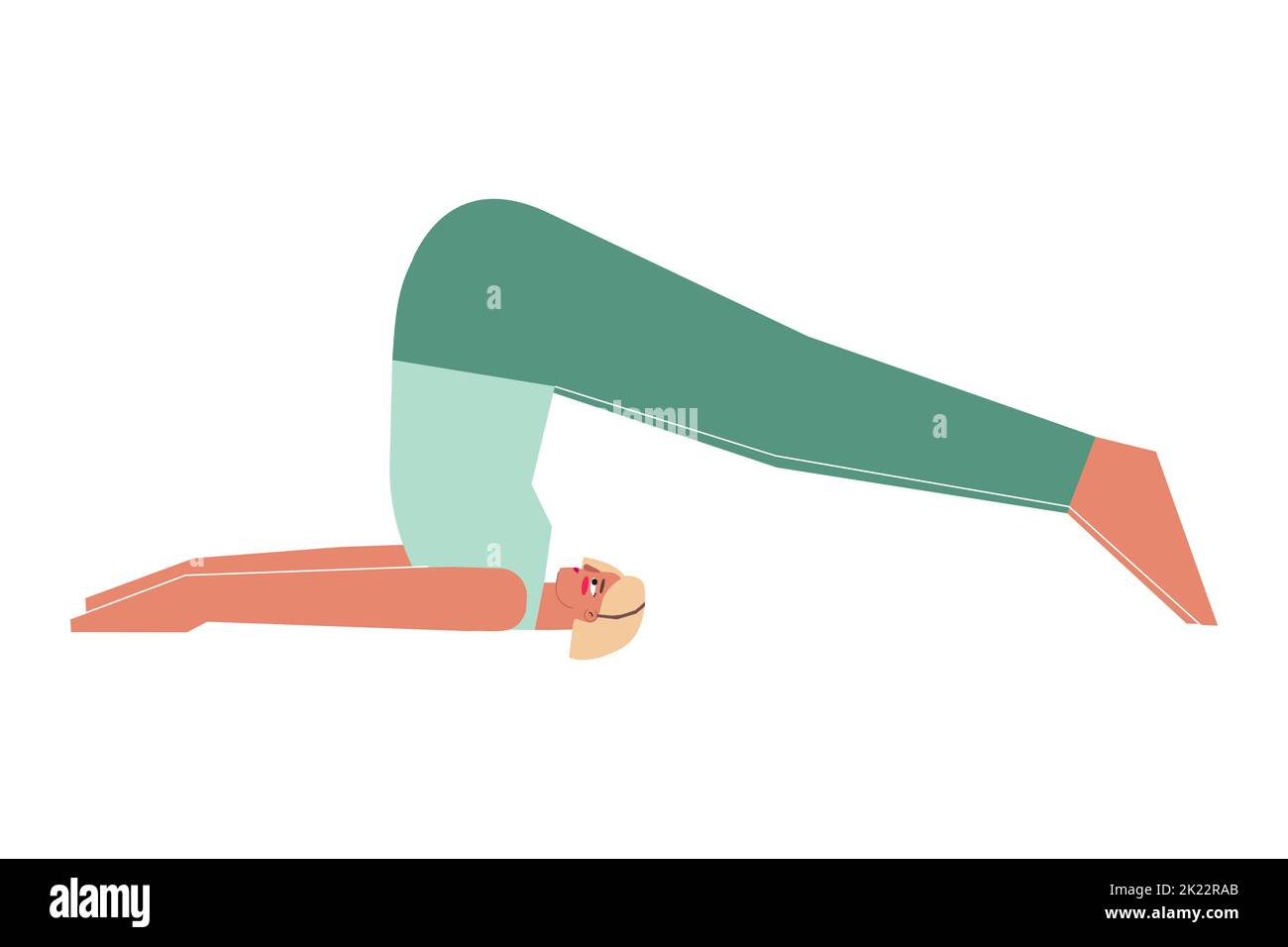 Concept vectoriel isolé avec caractère femelle plat. Une femme forte apprend la posture d'inversion Halasana lors d'un cours de yoga. Exercice de fitness - posture du Plough Illustration de Vecteur