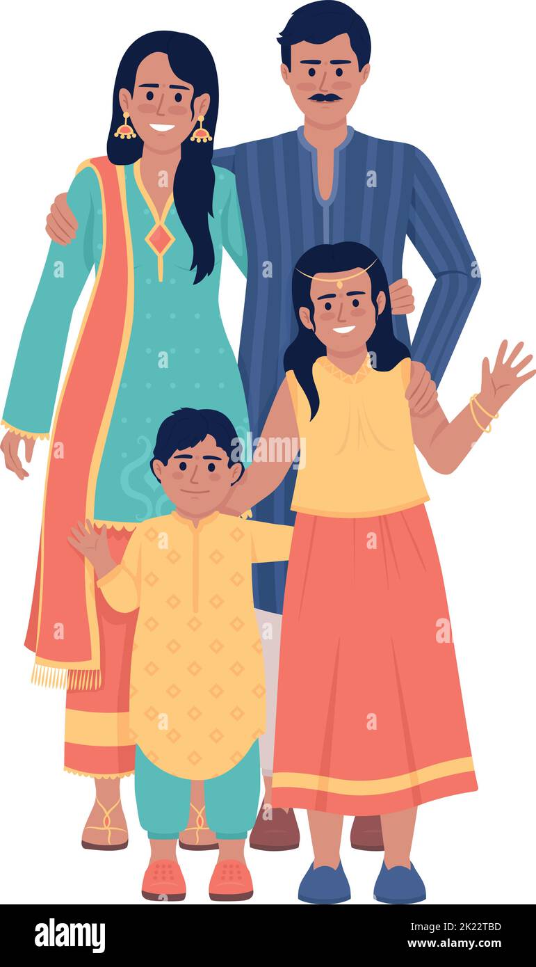 Famille portant des tenues ethniques indiennes semi-plates couleurs vectorielles personnages Illustration de Vecteur