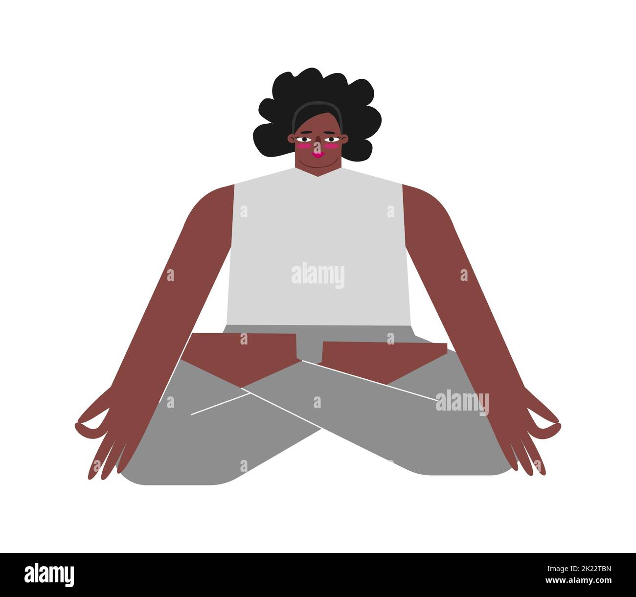 Concept vectoriel isolé avec caractère femelle plat. Forte afro-américaine femme apprend la posture d'étirement et le Lotus pose à la classe de yoga. De base s Illustration de Vecteur