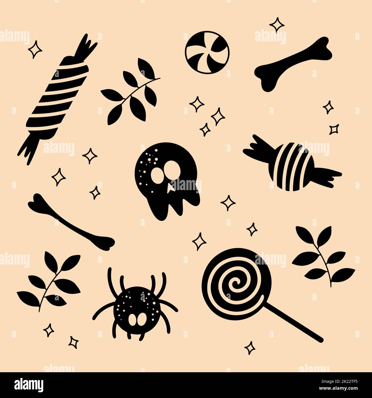 Halloween silhouettes os bonbon Lollipop crâne et araignée Illustration de Vecteur