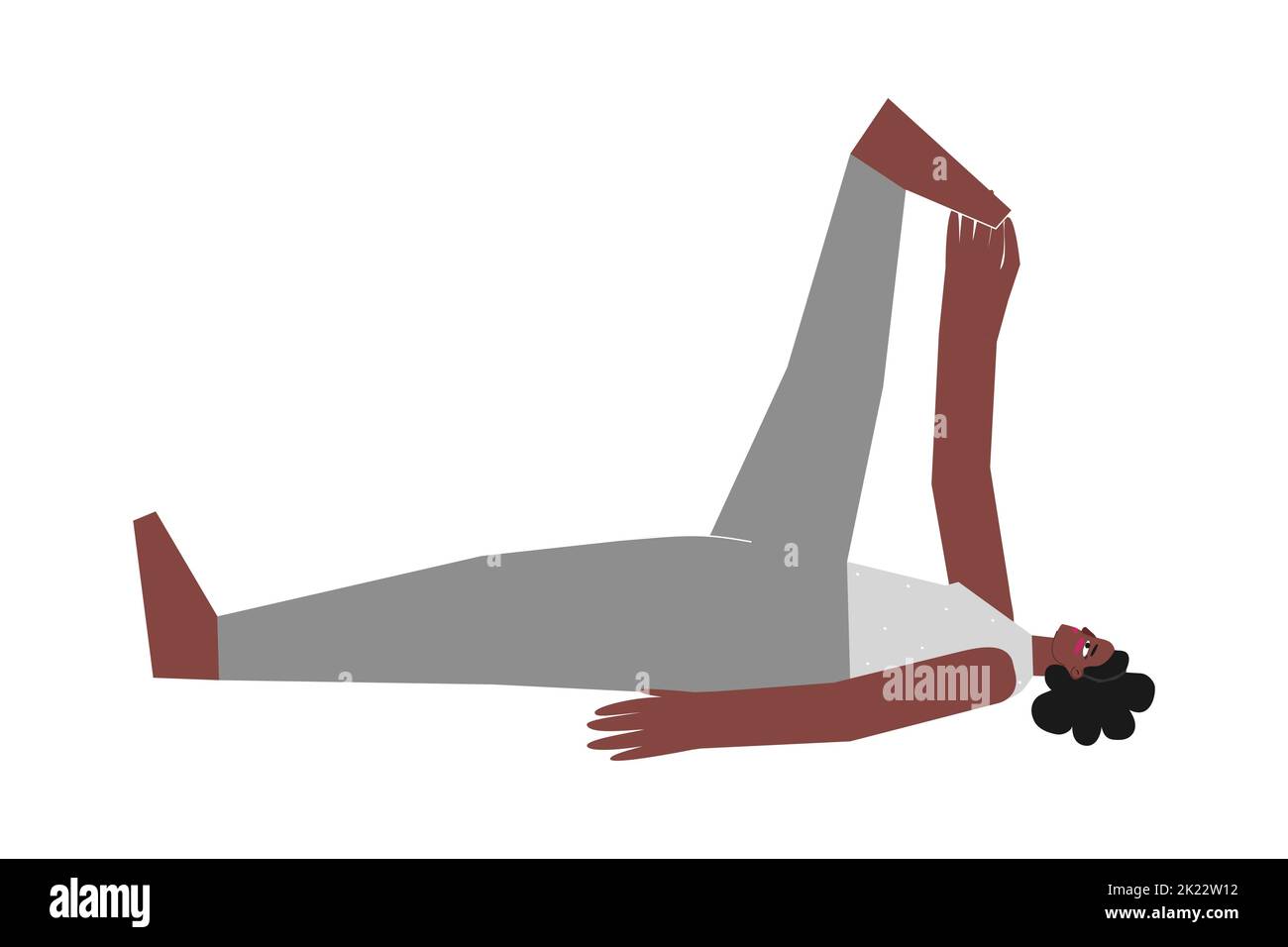 Concept vectoriel à caractère afro-américain féminin plat. Sportive body positive femme apprend la posture d'étirement Supta Padangusthasana lors de cours de yoga Illustration de Vecteur