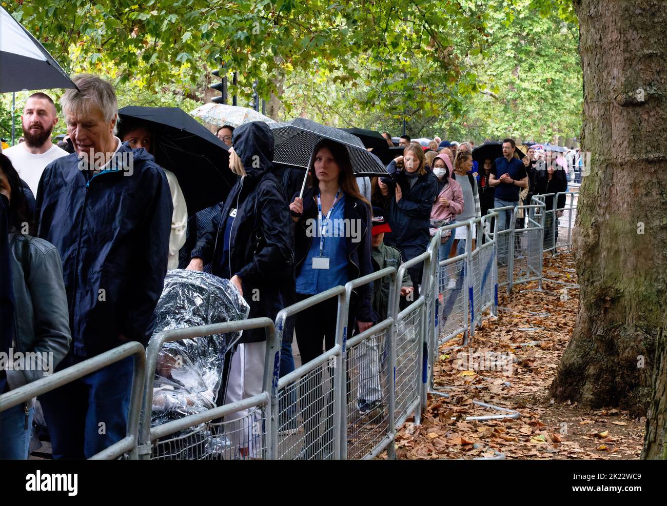 Des tournants au Palais de Buckingham sous la pluie, en respectant après la mort de la reine Elizabeth II, Londres, Angleterre Banque D'Images