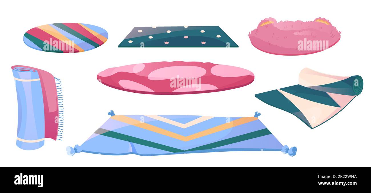 Ensemble de tapis ou de tapis, revêtement de sol, décoration intérieure de formes, motifs et couleurs différents. Tapis avec bords à franges, décoration chaleureuse isolée sur fond blanc, illustration vectorielle de dessin animé Illustration de Vecteur