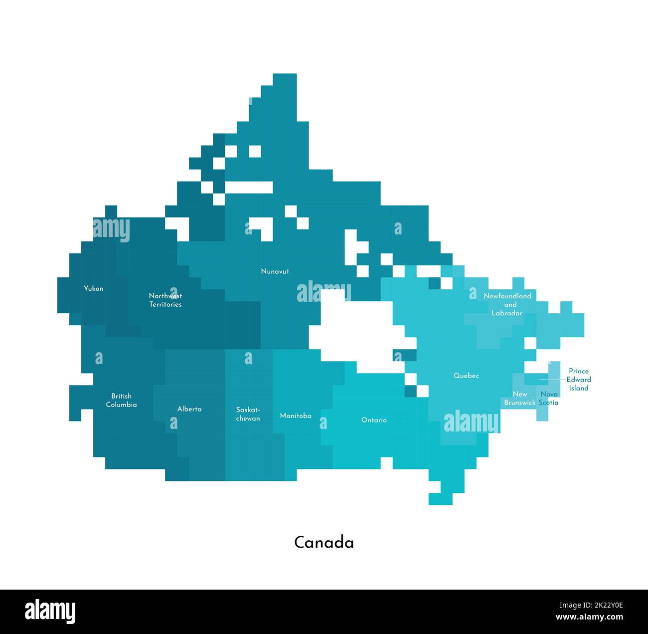 Illustration géométrique à vecteur isolé avec silhouette simplifiée en bleu glacé de la carte du Canada. Style pixel art pour modèle NFT. Logo en pointillés avec dégradé Illustration de Vecteur