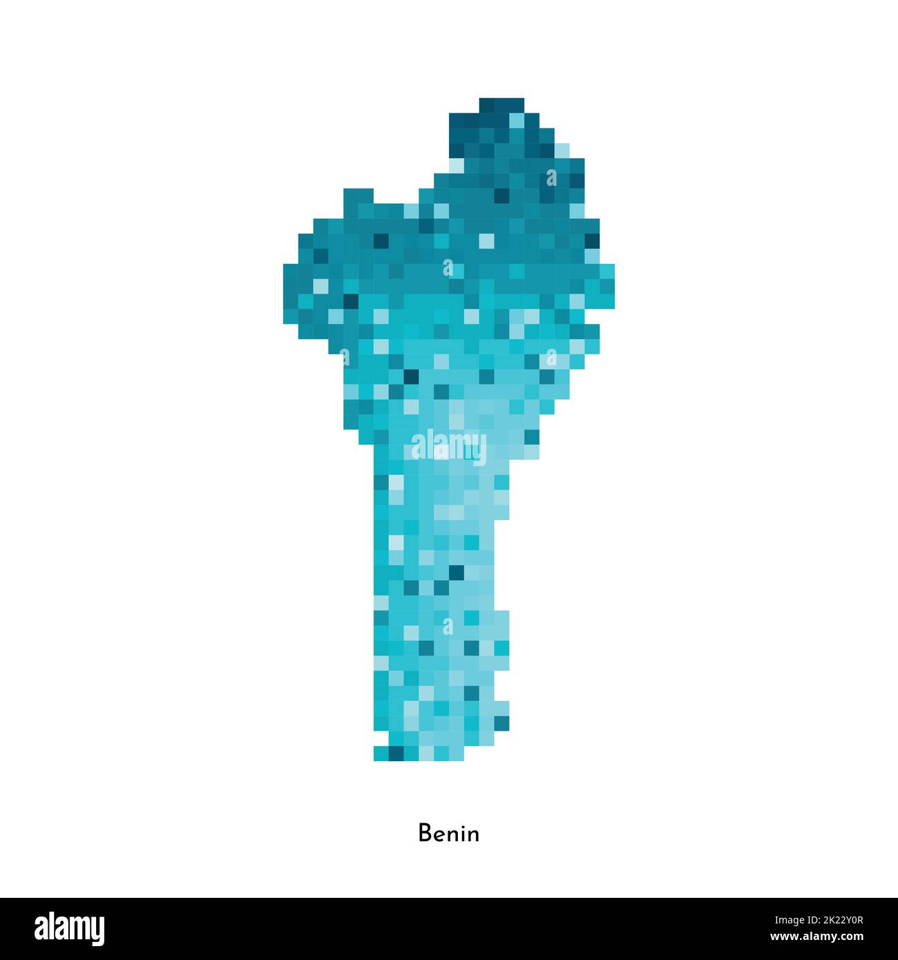 Illustration géométrique à vecteur isolé avec silhouette simplifiée en bleu glacé de la carte du Bénin. Style pixel art pour modèle NFT. Logo en pointillés avec dégradé t Illustration de Vecteur
