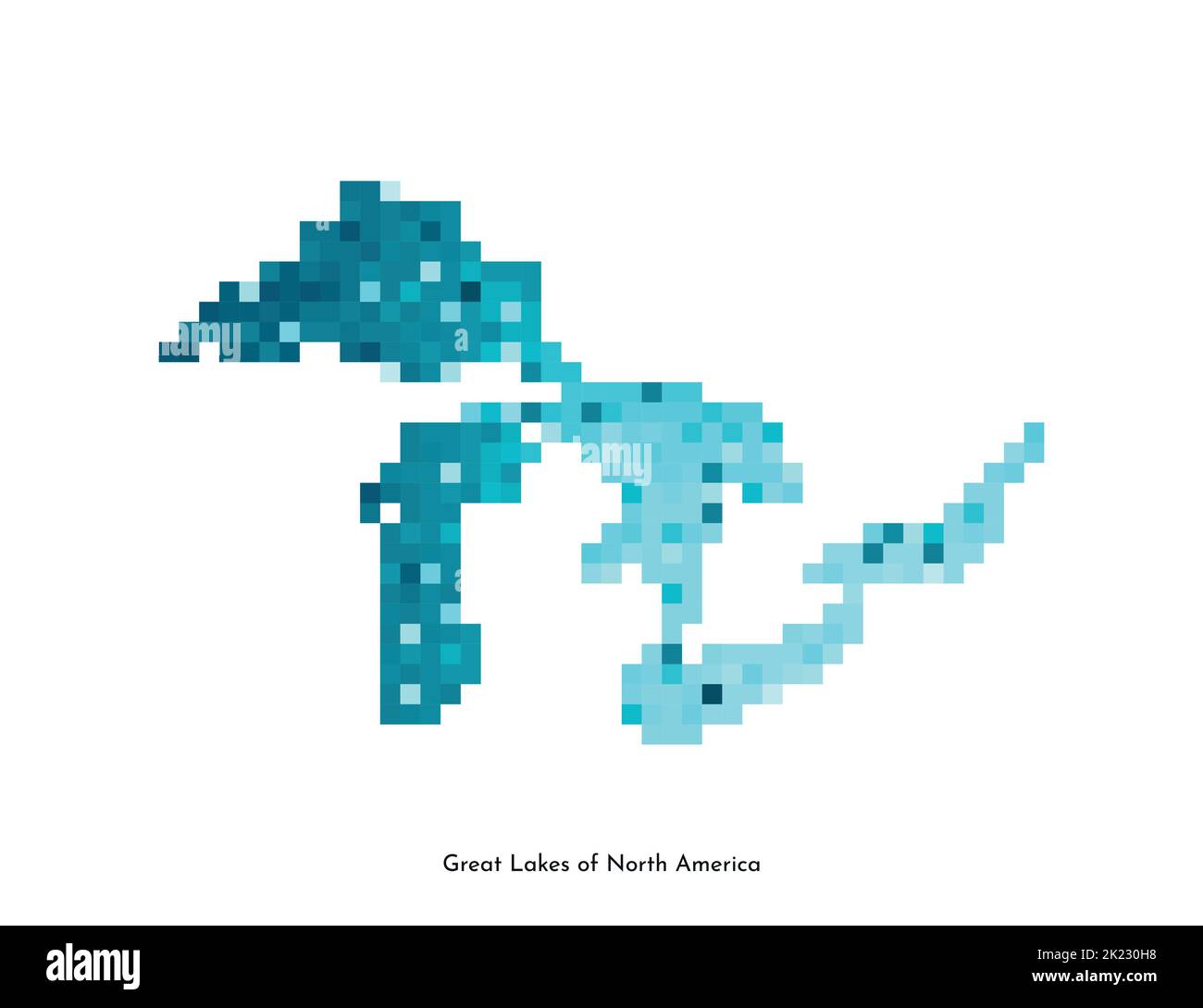 Illustration géométrique à vecteur isolé de forme simple bleu glacé - carte des Grands Lacs d'Amérique du Nord. Style pixel art pour modèle NFT. LO coloré Illustration de Vecteur