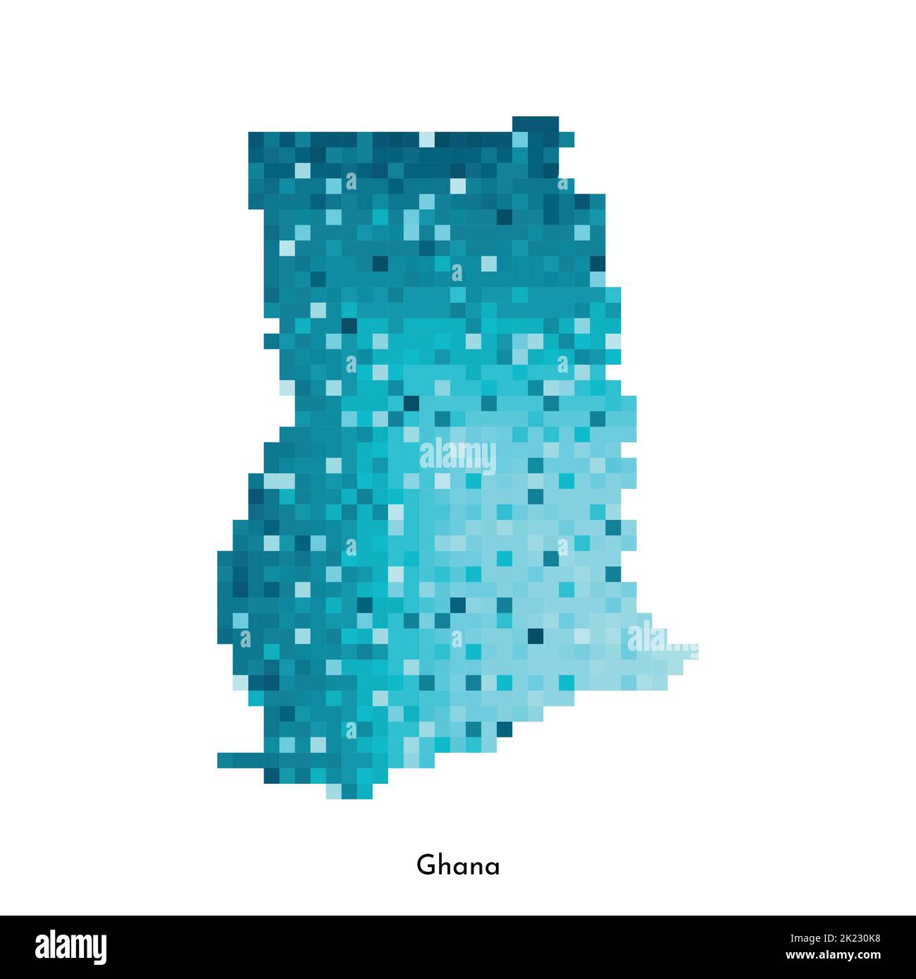 Concept géométrique à vecteur isolé avec forme simple bleu glacé de la carte du Ghana. Style pixel art pour modèle NFT. Logo en pointillés avec texture dégradé pour les Illustration de Vecteur