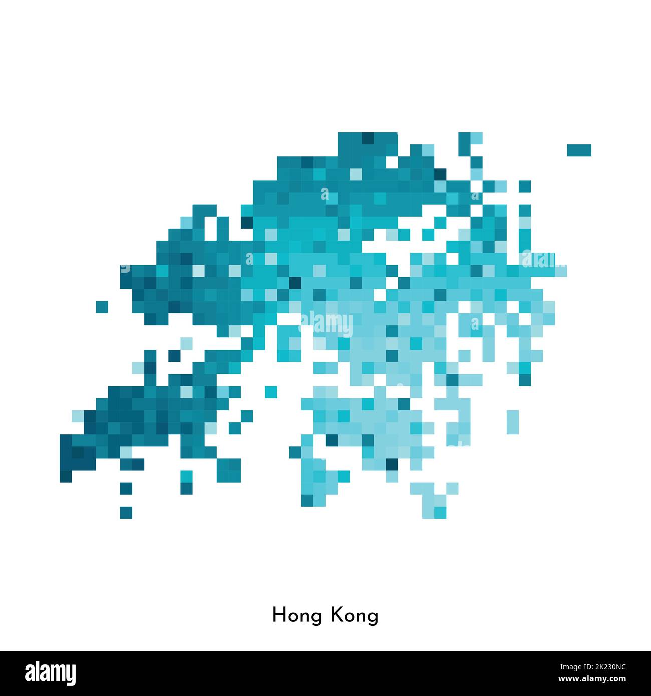 Illustration géométrique à vecteur isolé avec forme simple bleu glacé de la carte de Hong Kong. Style pixel art pour modèle NFT. Logo en pointillés avec texte dégradé Illustration de Vecteur