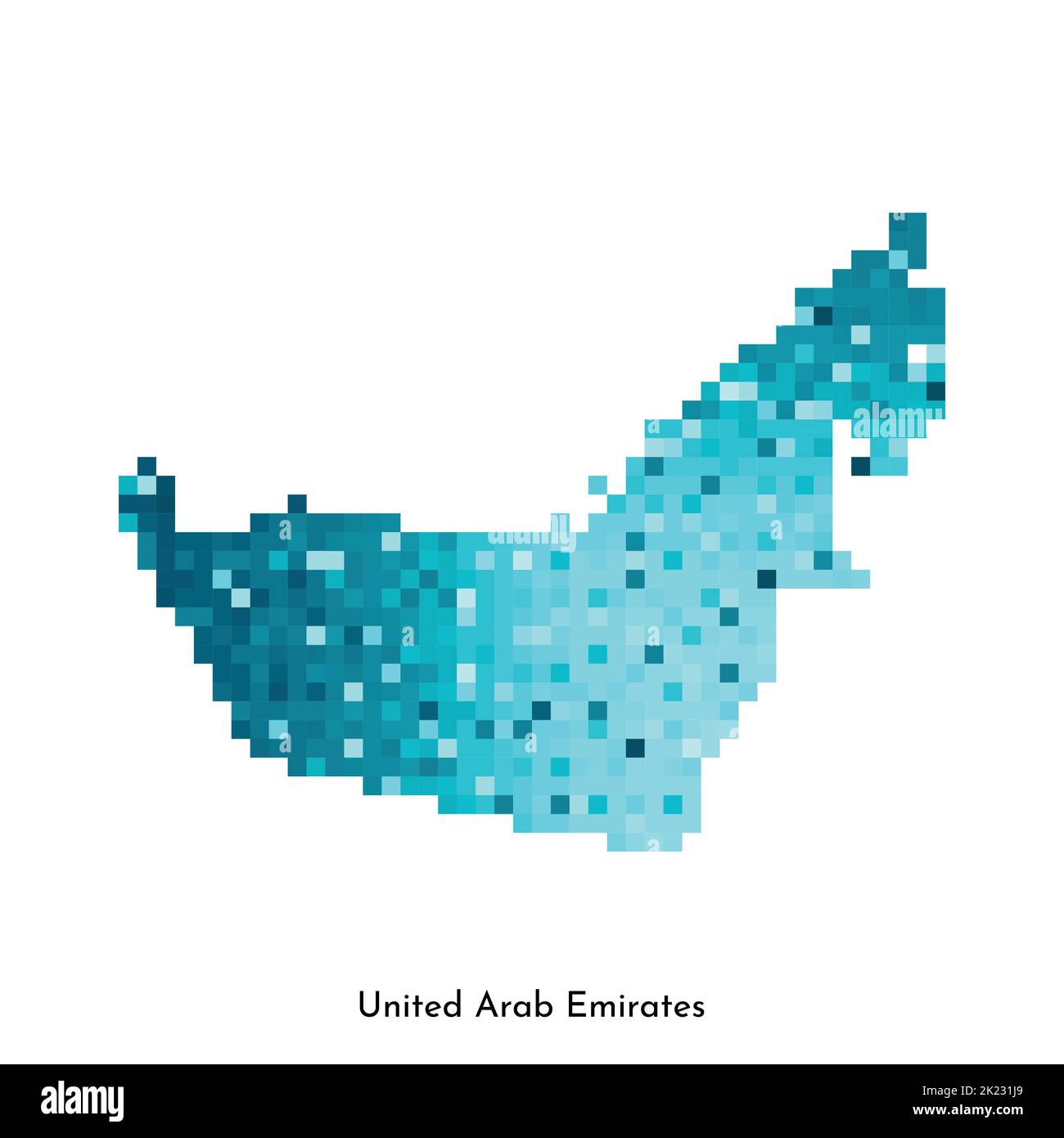 Illustration géométrique vectorielle isolée avec une forme simple bleu glacé de la carte des Émirats arabes Unis. Style pixel art pour modèle NFT. Logo en pointillés avec gris Illustration de Vecteur