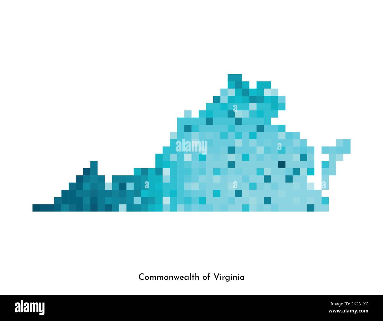 Illustration géométrique à vecteur isolé avec carte de l'État des États-Unis - Commonwealth de Virginie bleu glacé. Style pixel art pour modèle NFT. Logo simple et coloré Illustration de Vecteur