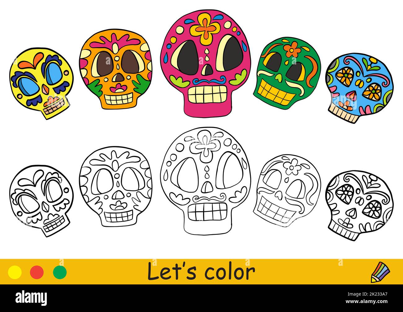 Chouettes crânes de sucre. Concept de jour des morts ou d'halloween mexicaine. Page de livre de coloriage pour les enfants avec modèle coloré. Illustration de dessin animé vectoriel. Illustration de Vecteur