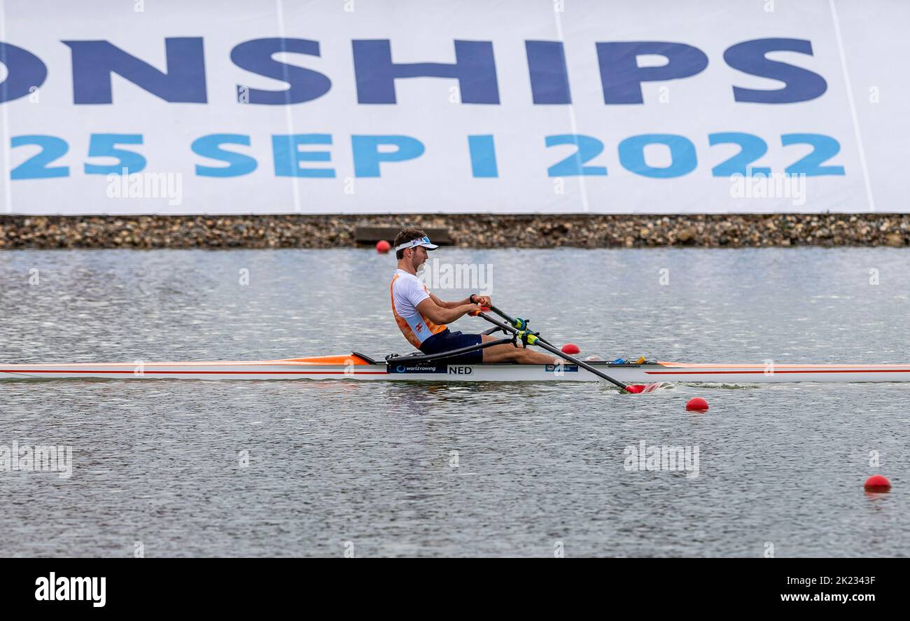 Melvin Twellaar, des pays-Bas, en compétition au cours du 4 e jour des Championnats du monde d'aviron 2022 à la course de l'arène de Labe sur 21 septembre 2022 à Racice, en République tchèque. (CTK photo/Ondrej Hajek) Banque D'Images