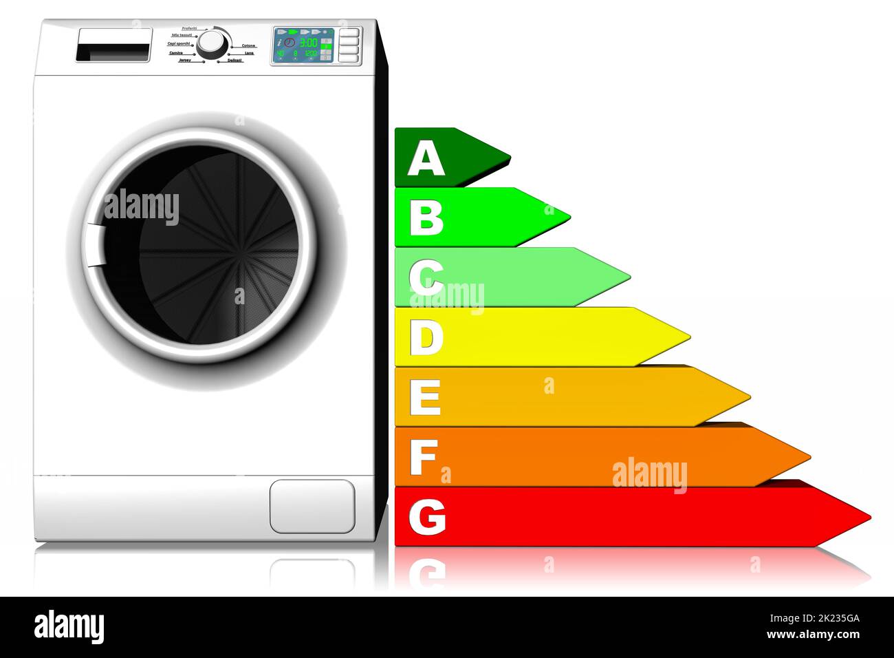 3D illustration. Appareils. Lave-linge avec symbole d'économie d'énergie. Arrière-plan blanc. Banque D'Images