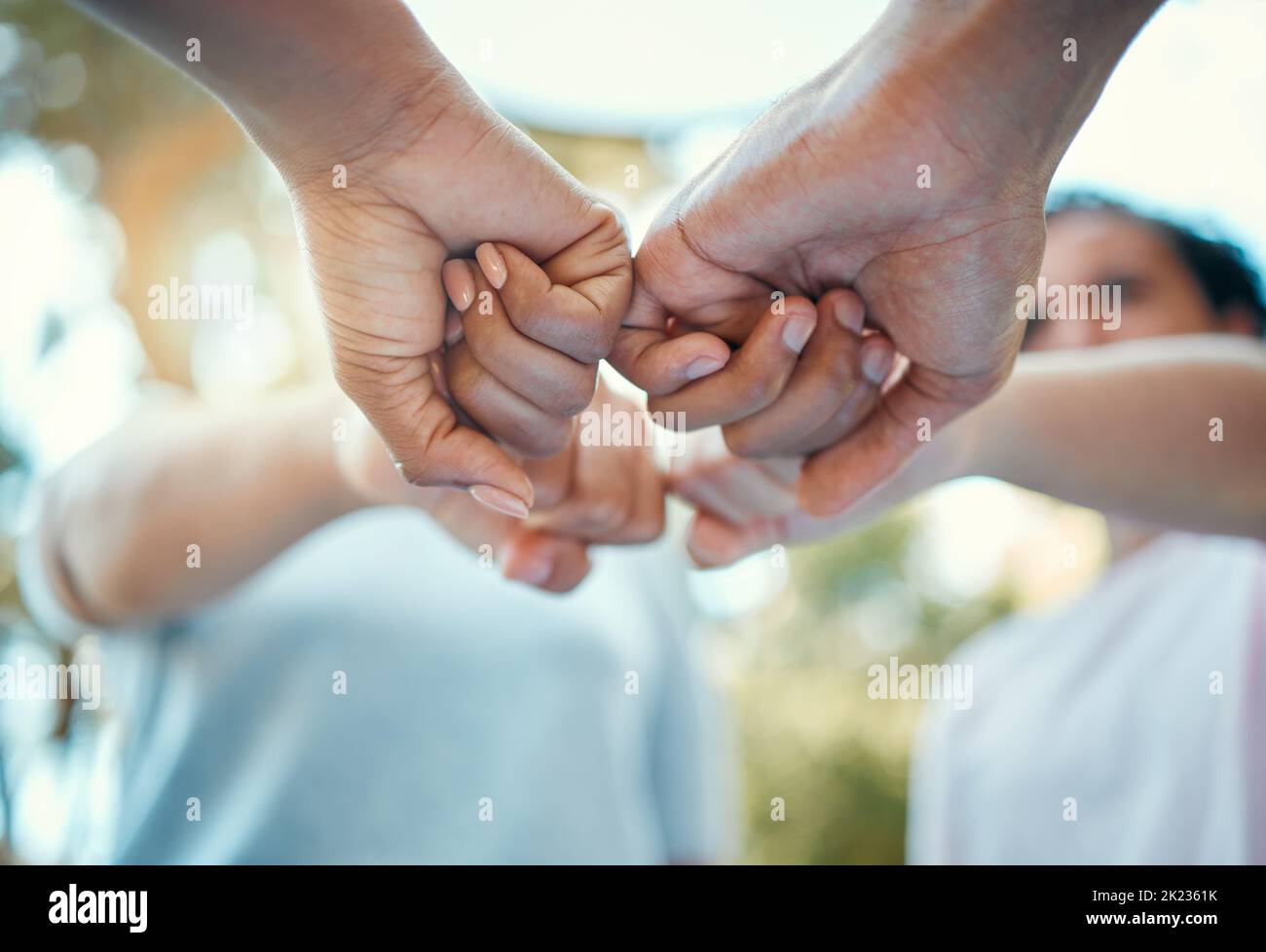 Poing, mains ou soutien avec des amis de la nature dans le parc pour la durabilité, la terre ou la motivation de croissance de la planète. Zoom sur la diversité, travail d'équipe ou collaboration de Banque D'Images