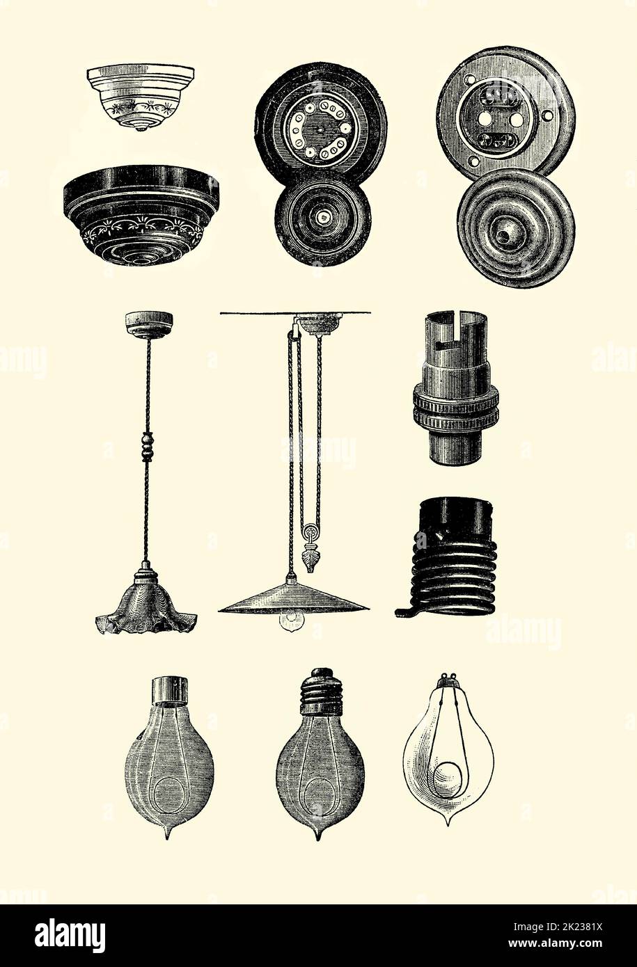 Une ancienne gravure victorienne de divers équipements électriques utilisés dans l'éclairage pendant cette époque au Royaume-Uni. Il est d'un livre de 1890.la rangée supérieure montre des roses de plafond et leurs contacts de base. Au centre se trouvent deux dispositifs de suspension ‘élévateur’ ou ‘Electromer’. Au centre à droite se trouvent deux supports de lampe (dessus Edison et motif serpent ci-dessous). La rangée inférieure comprend trois lampes à incandescence Edison-Swan avec divers raccords (BC gauche, ES central, BL droit). Banque D'Images