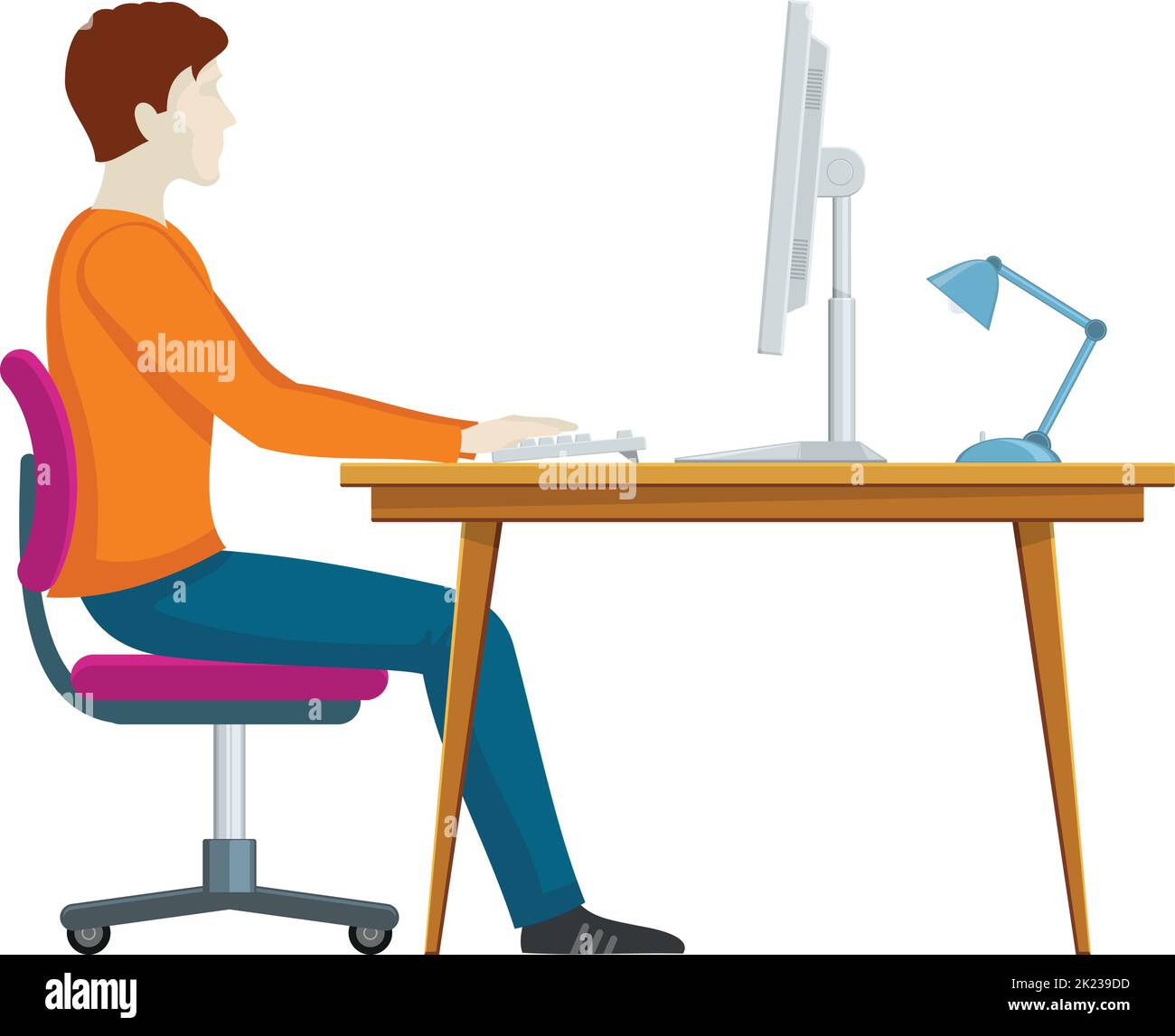 Homme travaillant au bureau d'ordinateur vue latérale. Icône de travail Office Illustration de Vecteur