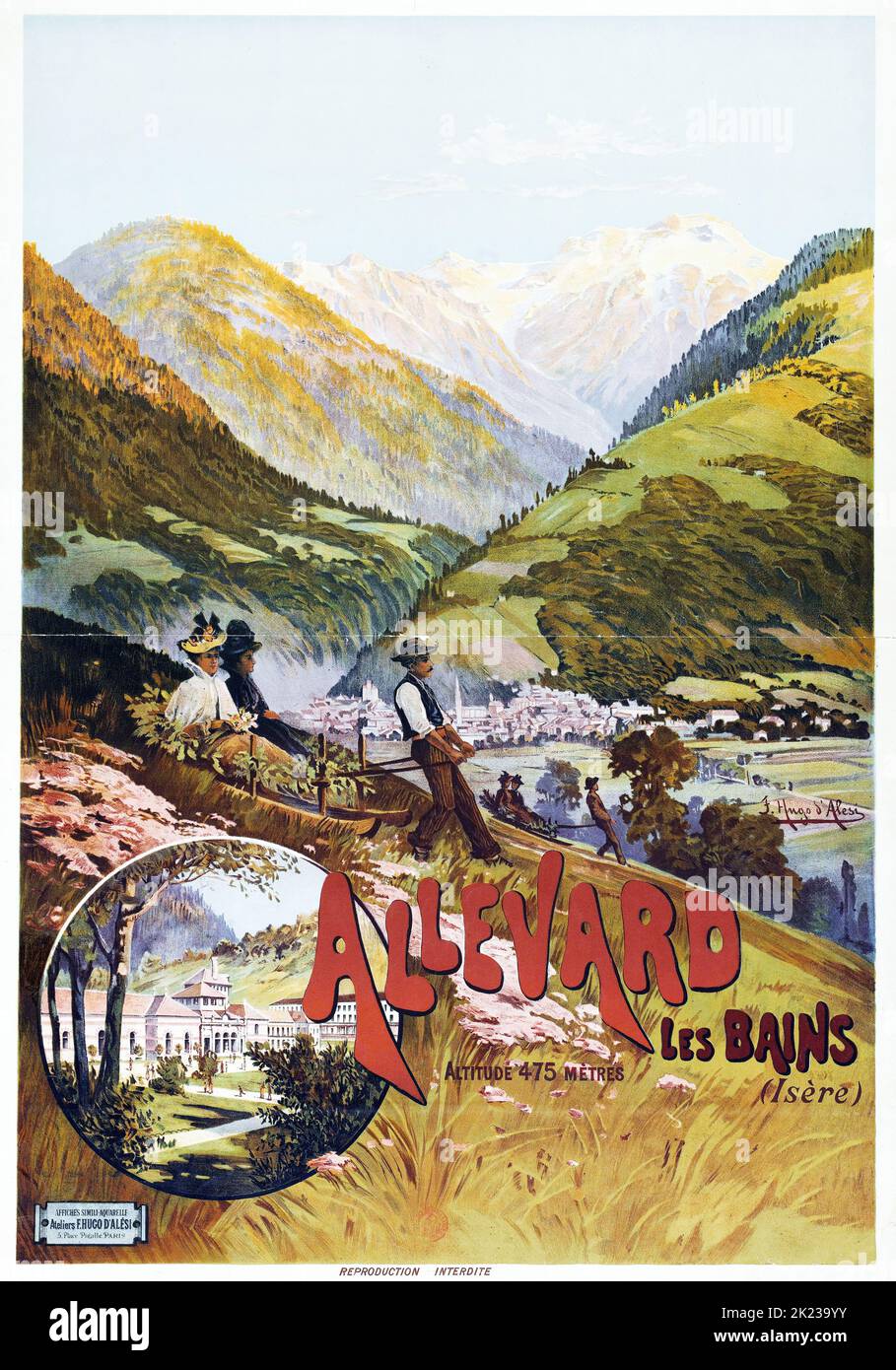 FRÉDÉRIC HUGO d'ALESI (1849-1906) affiche de voyage Allevard les bains, c 1890-1900 Banque D'Images