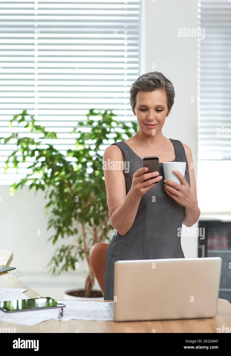 Contacter certaines personnes pendant sa pause-café. Une femme d'affaires mûre au travail dans son bureau Banque D'Images