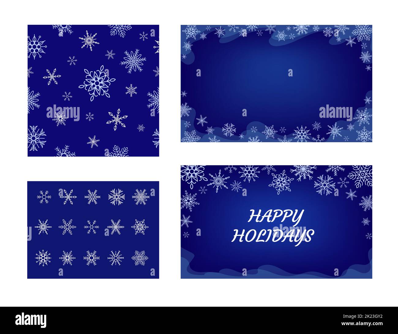 Bonne Année. Collection Merry Christmas design. Ensemble de motifs avec carte, fond bleu foncé, collection de flocons de neige, motif sans couture Illustration de Vecteur