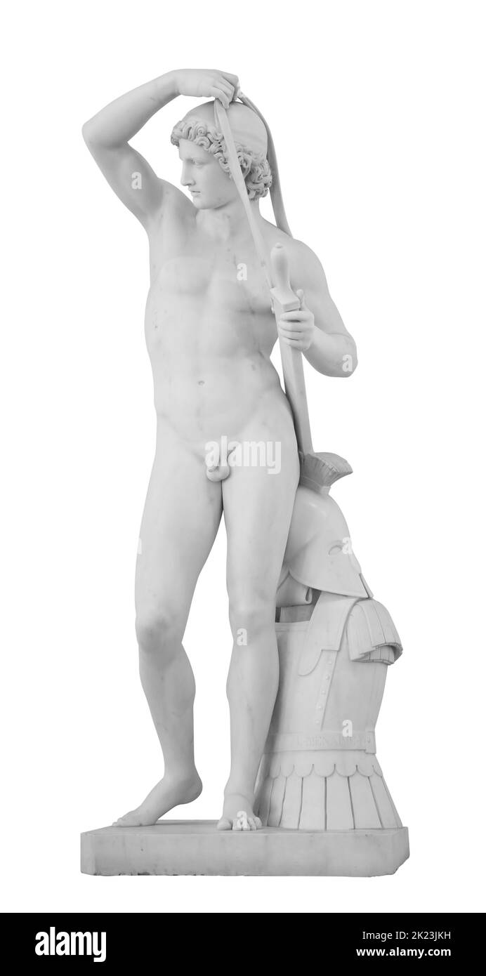 Statue ancienne. Sculpture de Telemachus de Luigi Bienaime dans le Musée de l'Ermitage. Photo isolée de chef-d'œuvre avec masque Banque D'Images Statue ancienne. Sculpture de Telemachus de Luigi Bienaime dans le Musée de l'Ermitage. Photo isolée de chef-d'œuvre avec masque Banque D'Images