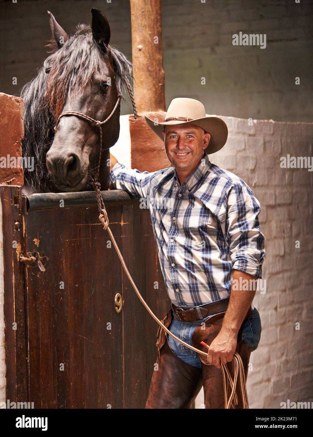 C'est le temps d'aller faire un tour. Une main de ranch bienveillante assistant à un cheval dans l'écurie. Banque D'Images