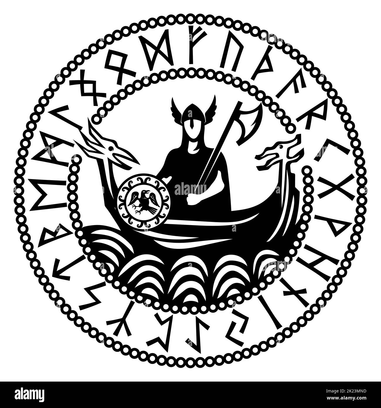 Conception dans le style Old Norse. Ancien guerrier Norse avec une hache sur le bateau Viking Drakkar et un cercle de symboles rutiques Illustration de Vecteur