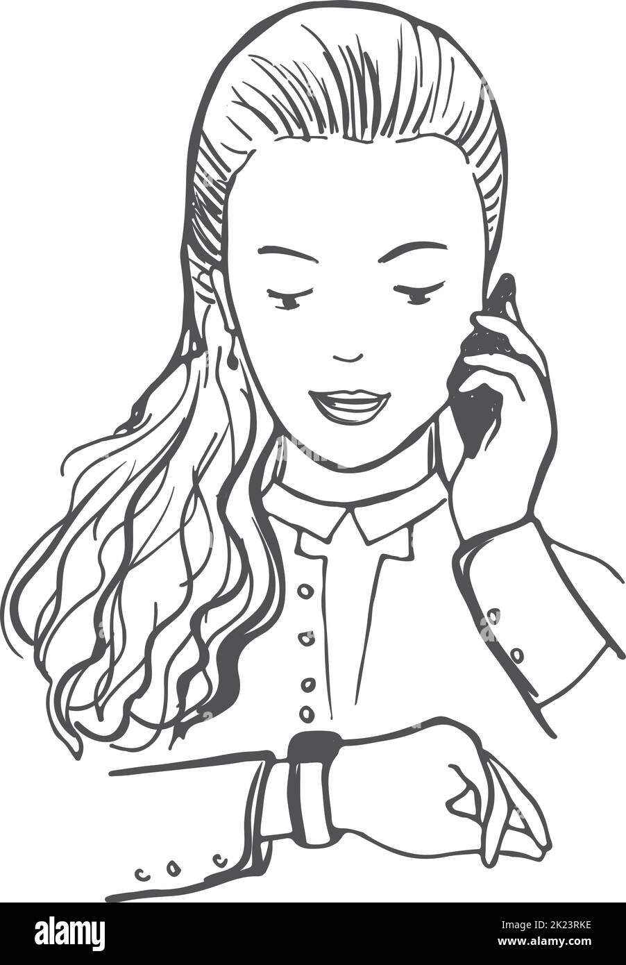 Femme parlant au téléphone. Joli croquis de portrait féminin Illustration de Vecteur