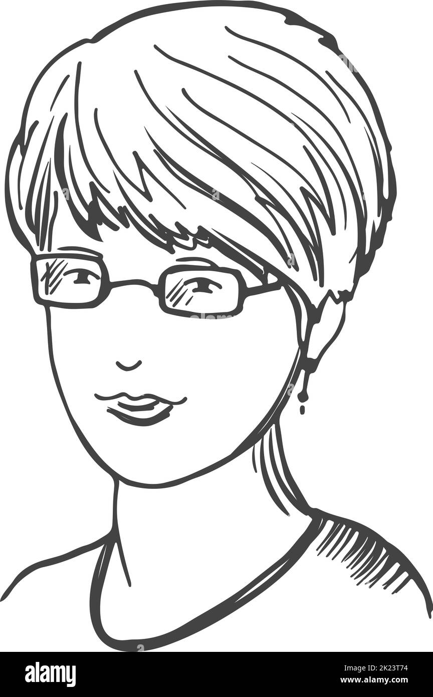 Femme dans le dessin de lunettes. Portrait de femme dessiné à la main Illustration de Vecteur
